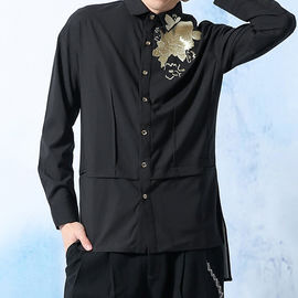 Embroidery Mens Fashion Casual Shirts Long Sleeve 100% Cotton Black Color