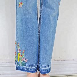 Blue Casual Embroidered Loose Fit Stretch Jeans Middle Versatile Style Bell Bottoms