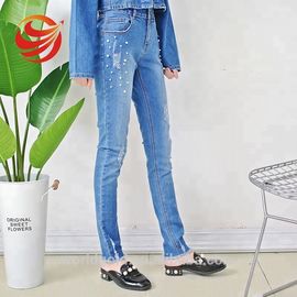 Women Mid Waisted Distressed Skinny Jeans With Pearls OEM ODM Service