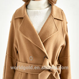 Fashion Ladies Long Woolen Jackets With Belt Camel Color Bathrobe Style