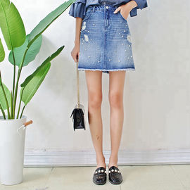 Washed Ladies Denim Pearls A Line Jean Skirt With Hole , Blue Jean Mini Skirt