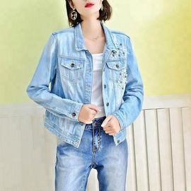 Blue Washed Ripped Ladies Fitted Denim Jacket With Pearls Slim Fit Style