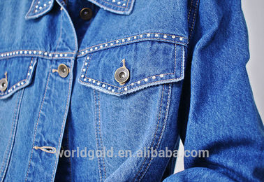Distressed Stretch Printed Ladies Short Denim Jacket With Rhinestone Trimming