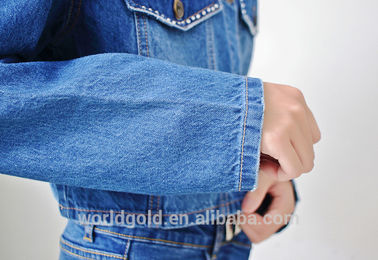 Distressed Stretch Printed Ladies Short Denim Jacket With Rhinestone Trimming