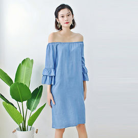 Ladies Off Shoulder Denim Blouses And Tops Long Dress With Super Soft Lyocell