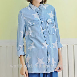 Women Casual Long Sleeve Washed T Shirt With Snap Button & Star Print
