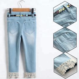 Light Blue Slim Fit Girls Adjustable Waist Jeans Pant With Lace On Hem