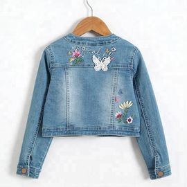 Long Sleeve Kids Denim Clothes / Girls Denim Jackets With Lace Patch Decoration