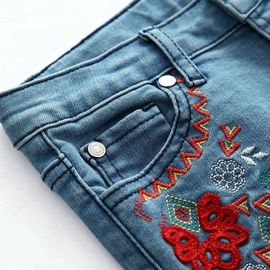 Flower Embroidery Girls Denim Shorts Knee Length With Adjustable Size Waist