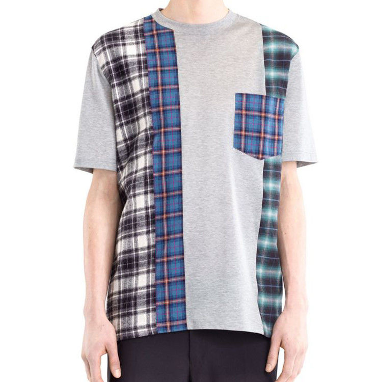 Plaid Stitching Mens Trendy T Shirts Fabric Weight 120 Grams OEM / ODM Available