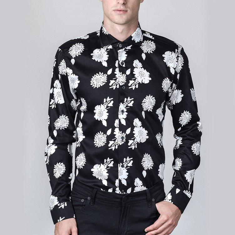 Long Sleeve Mens Fashion Casual Shirts Winter 100% Polyester Floral Print Style