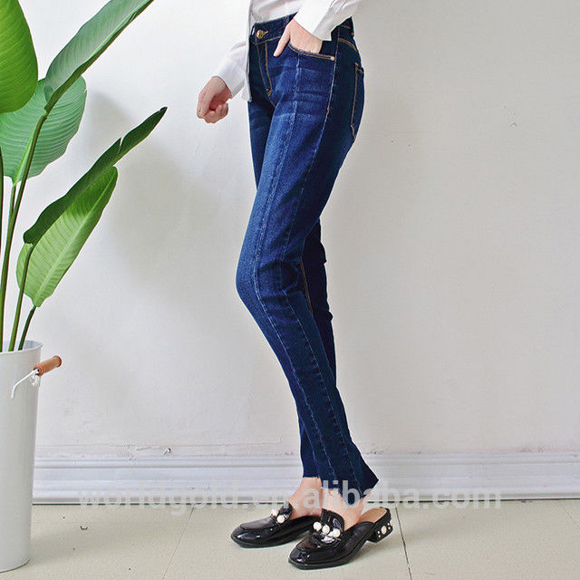 Fashion Breathable Women Denim Skinny Jeans Full Length Dark Blue Color