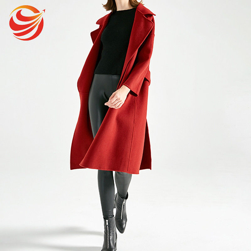 Red Color Women'S Long Wool Winter Coats ，Long Woolen Jacket For Ladies