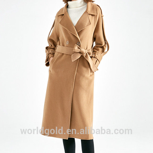 Fashion Ladies Long Woolen Jackets With Belt Camel Color Bathrobe Style