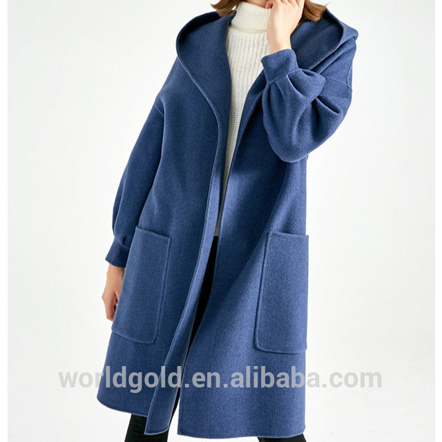 Blue Women'S Casual Winter Coats With Hood , Long Woolen Jacket For Ladies