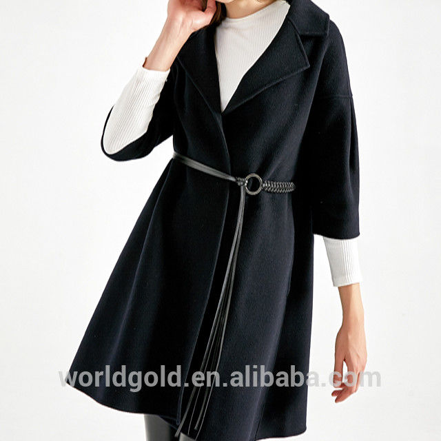 Dark Navy Women's Casual Winter Coats Wool Dress Jacket with Belt