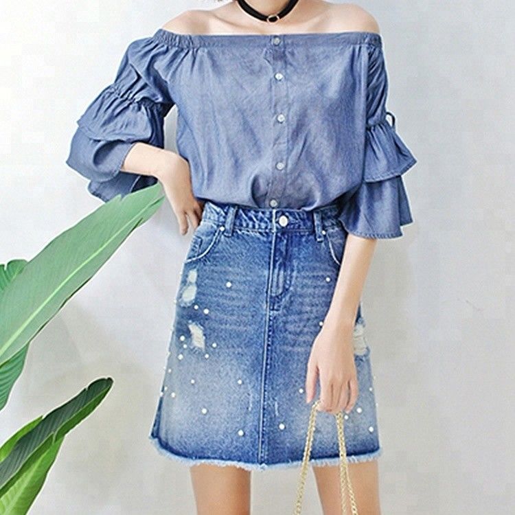 Women Charming Denim Skirts With Pearls ，Blue Jean Skirts For Ladies