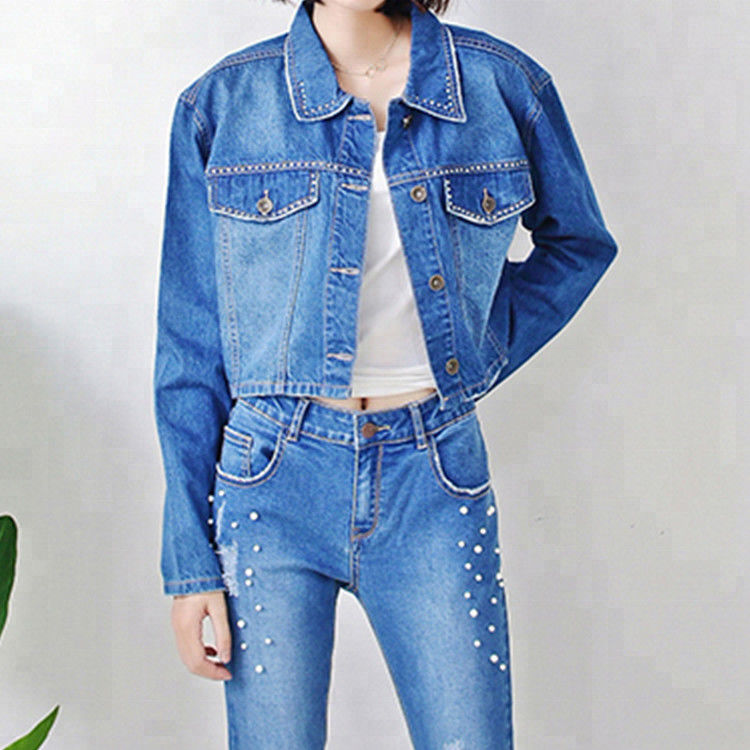 Custom Casual Womens Short Jean Jacket , Slim Fit Jeans Coat For Ladies