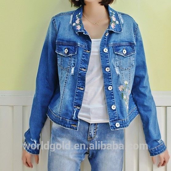 Fancy Distressed Stretch Embroidered Denim Jacket For Womens Fashion Design