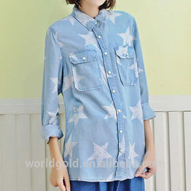 Women Casual Long Sleeve Washed T Shirt With Snap Button & Star Print