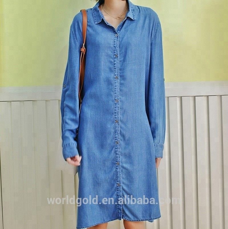 Roll Up Sleeves Women Denim Blouses And Tops , Casual Oversized Denim Dress
