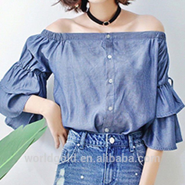 Custom Women Bat Wing Off Shoulder Blouse Short Sleeves With Button Closure