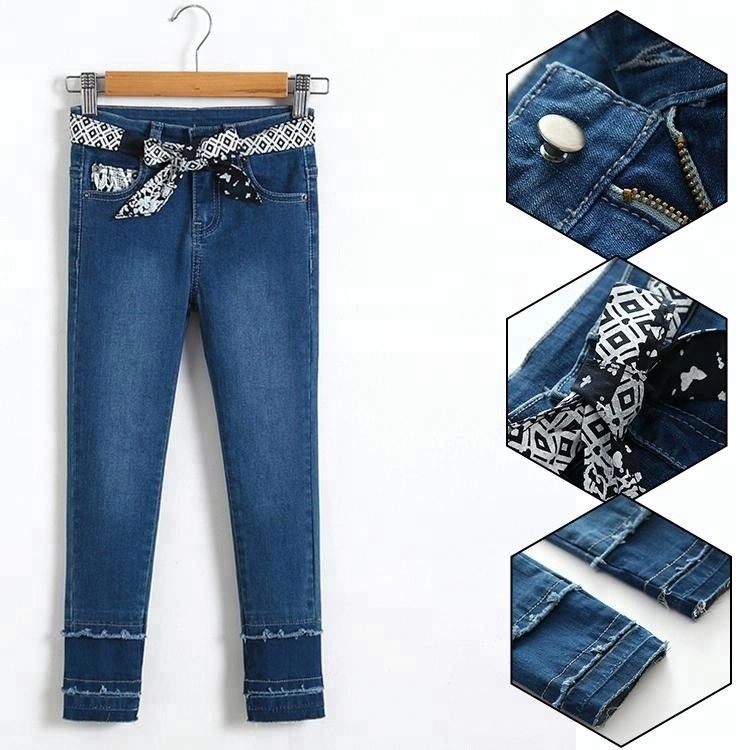 Custom Kids Denim Clothes Jeans Pant Adjustable Waist Zip Around With Printed Belt